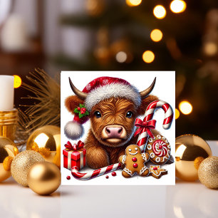 Candy Cane Christmas Highland Cow with Treats Holiday Card