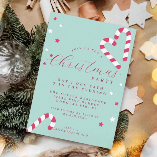 Candy Cane Christmas Party Invitation Pastel Green (Creator Uploaded)