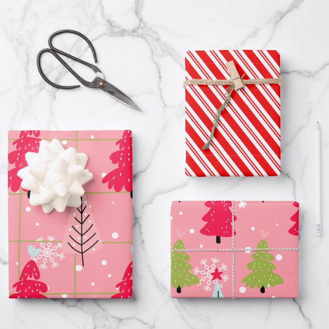 Candy Cane Christmas Pink Tree Doodle Wrapping Paper Sheet (Front)