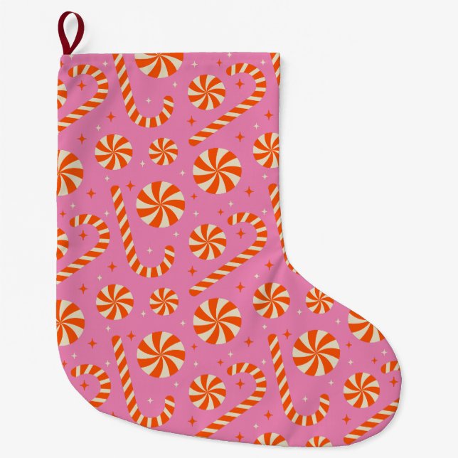 Candy cane Christmas retro pattern    Large Christmas Stocking (Front)