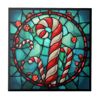 Candy Cane Christmas Stained Glass Tile