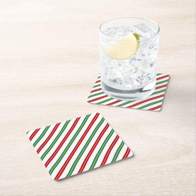 Candy Cane Christmas Stripes Red Green Square Paper Coaster (Insitu)