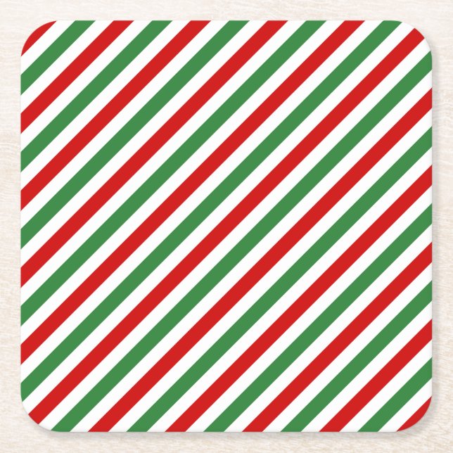 Candy Cane Christmas Stripes Red Green Square Paper Coaster (Front)