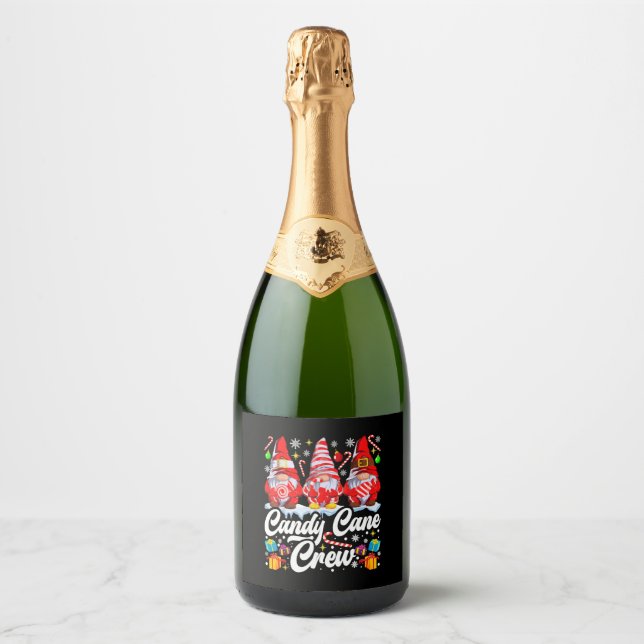 Candy Cane Crew Christmas Candy Lover Gnome Sparkling Wine Label (Front)
