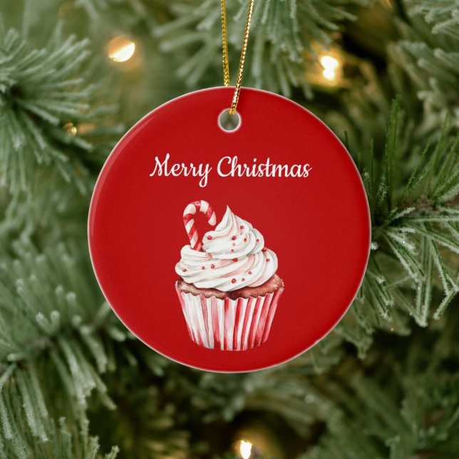 Candy Cane Cupcake Christmas Ceramic Tree Decoration (Tree)