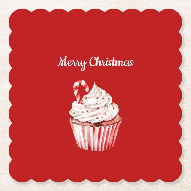Candy Cane Cupcake Christmas Paper Coaster (Front)