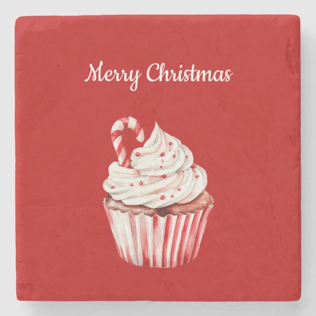 Candy Cane Cupcake Christmas Stone Coaster (Front)
