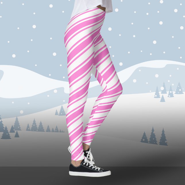Candy Cane Diagonal Stripe White Pink Christmas Leggings (Creator Uploaded)