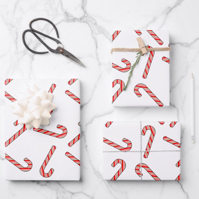 Candy Cane Drawings In Red Green White Wrapping Paper Sheet (Front)