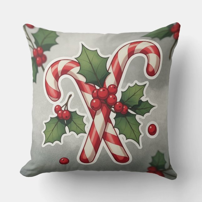 Candy Cane Duo With Holly And Berries Cushion (Front)