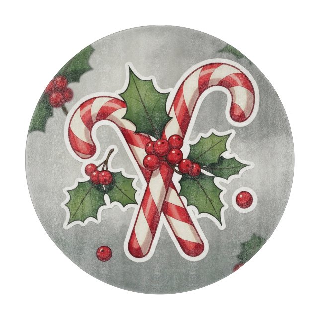 Candy Cane Duo With Holly And Berries Cutting Board (Front)