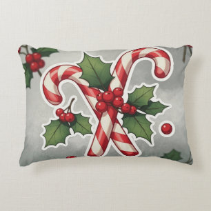 Candy Cane Duo With Holly And Berries Decorative Cushion