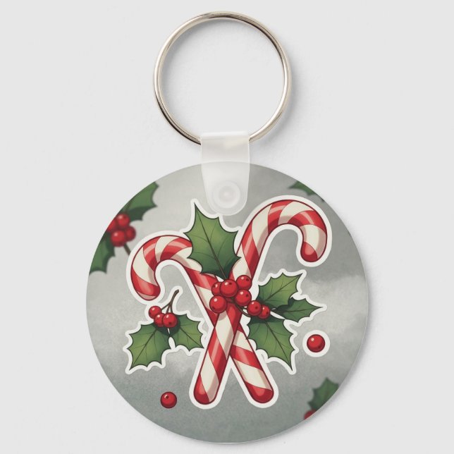 Candy Cane Duo With Holly And Berries Key Ring (Front)