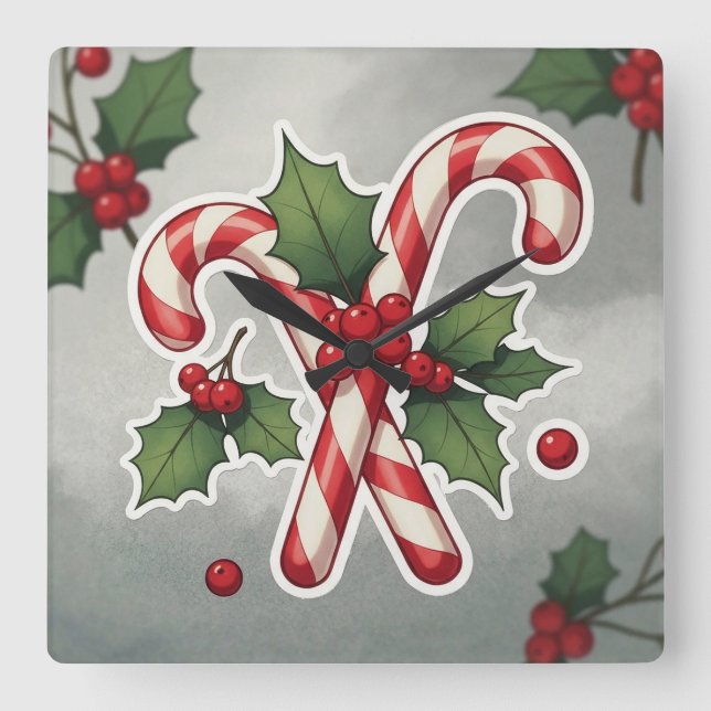 Candy Cane Duo With Holly And Berries Square Wall Clock (Front)