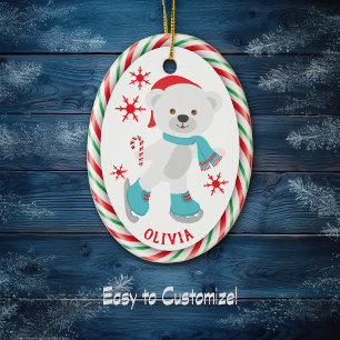 Candy Cane Frame Skating Polar Bear Ceramic Tree Decoration