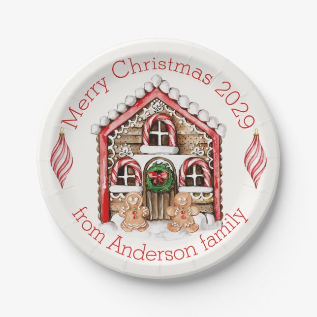 Candy cane, gingerbread man, baubles Christmas Paper Plate (Front)