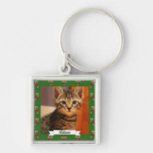 Candy Cane Green Frame Customisable Kitty Key Ring