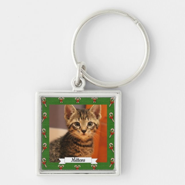 Candy Cane Green Frame Customisable Kitty Key Ring (Front)
