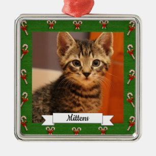 Candy Cane Green Frame Customisable Kitty Metal Tree Decoration