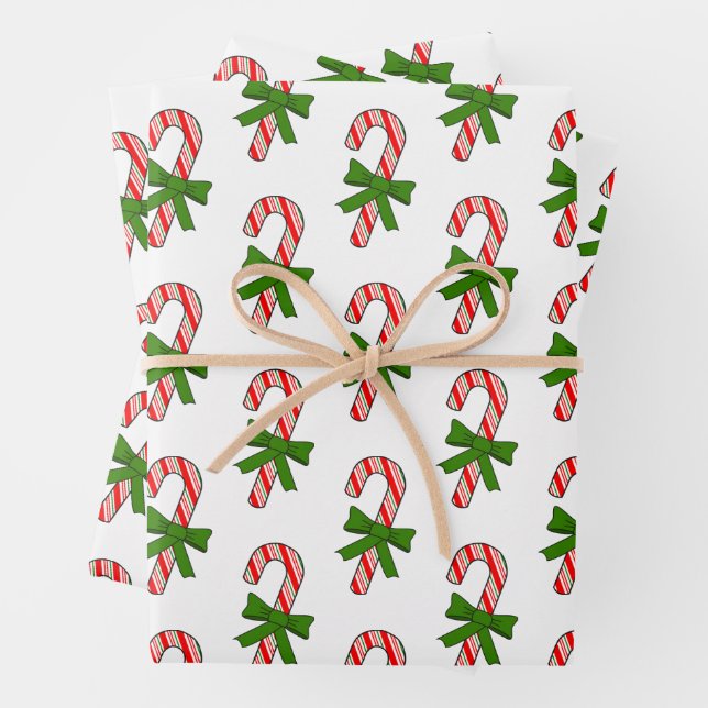 Candy Cane Green Ribbons Drawings Christmas Wrapping Paper Sheet (In situ)