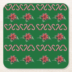 Candy Cane Heart and Holly Pattern – Festive Chris Square Paper Coaster