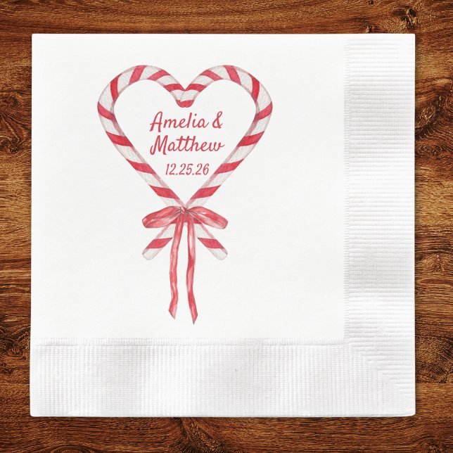 Candy Cane Heart & Bow | Custom Christmas Wedding Napkin (Creator Uploaded)