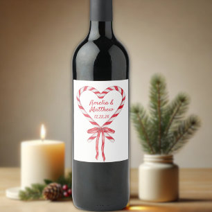 Candy Cane Heart & Bow   Custom Christmas Wedding Wine Label