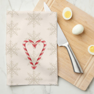 Candy Cane Heart Illustration Snowflake Pattern Tea Towel