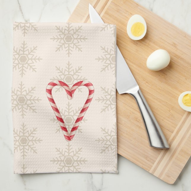 Candy Cane Heart Illustration Snowflake Pattern Tea Towel (Quarter Fold)
