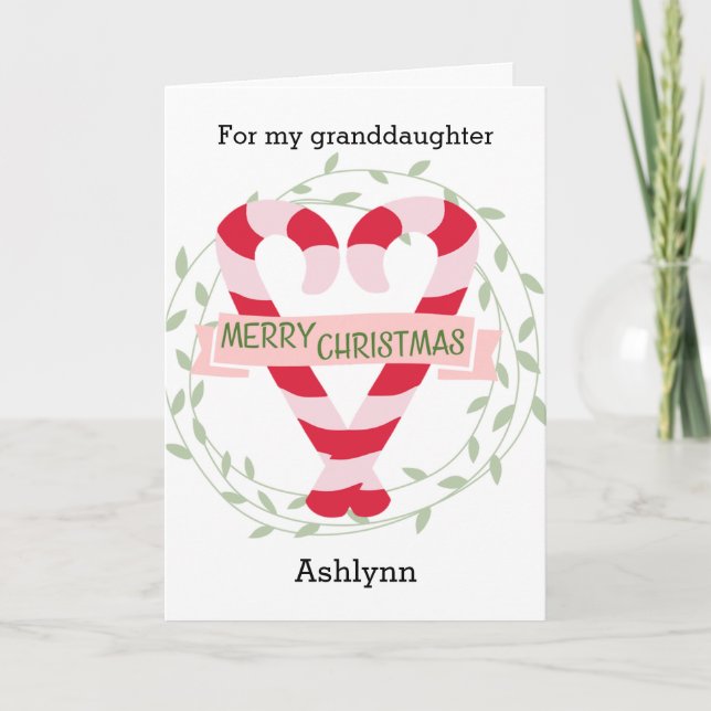 Candy Cane Heart Merry Christmas Granddaughter Holiday Card (Front)