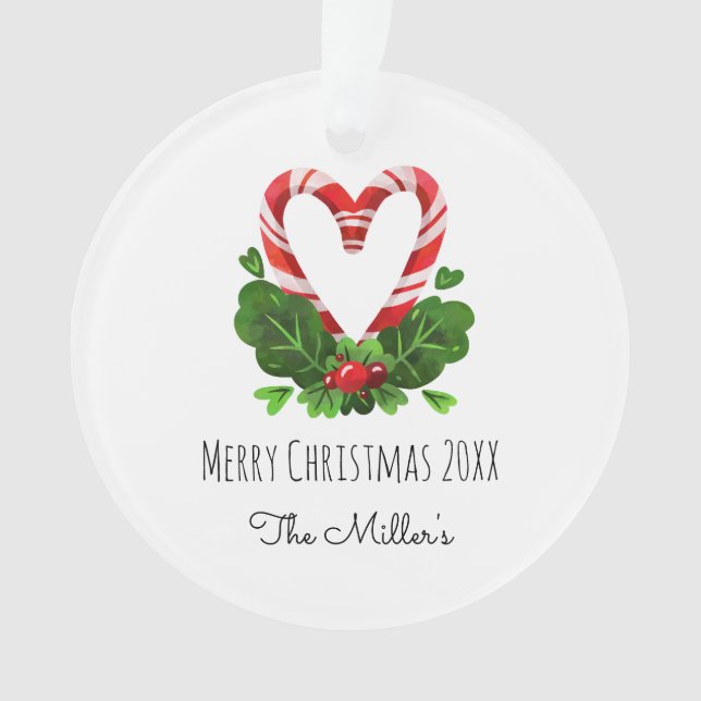 Candy Cane Heart Merry Christmas Name Year Photo Ornament (Front)