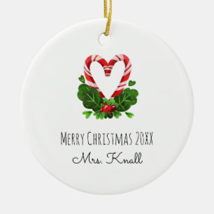 Candy Cane Heart Merry Christmas Year TEACHER Name Ceramic Tree Decoration