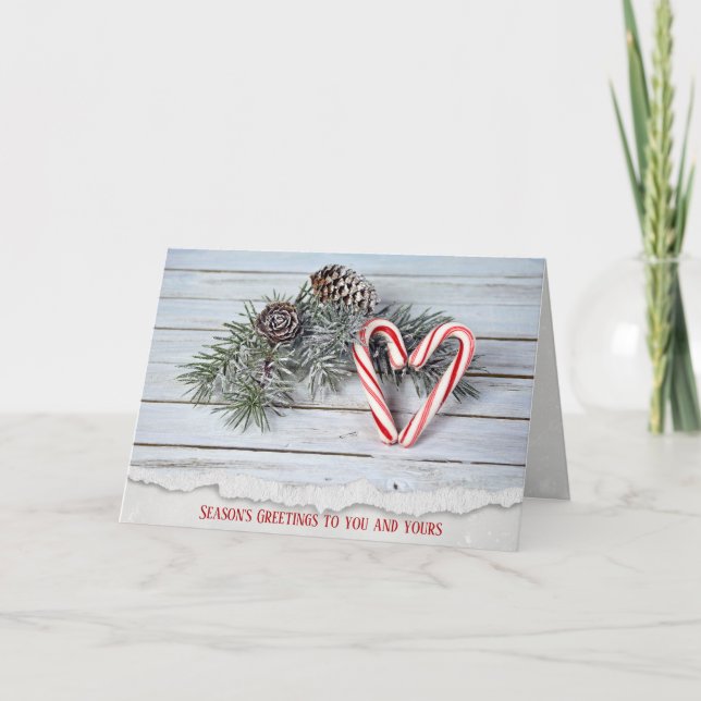 Candy Cane heart with pine on wood Holiday Card (Front)
