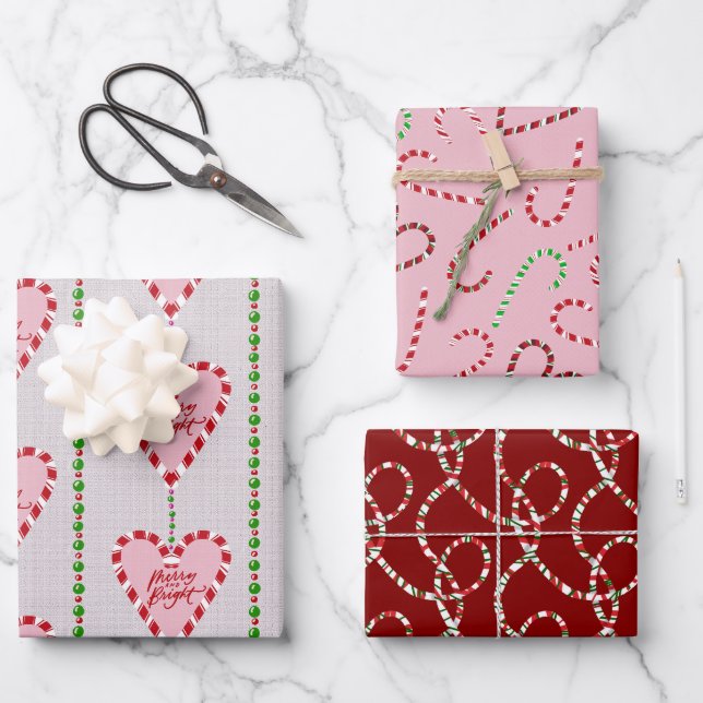 candy cane hearts and ribbons gift wrap (Front)