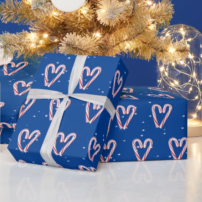 Candy Cane Hearts in Snowflakes On Blue Wrapping Paper (Holidays)