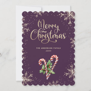 Candy Cane Holly Berries Purple Christmas Holiday Card
