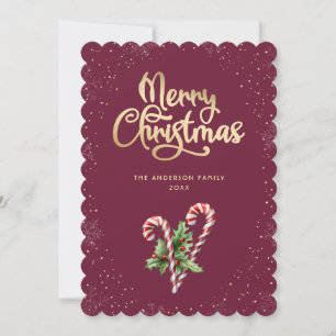 Candy Cane Holly Berries Red Christmas Holiday Card