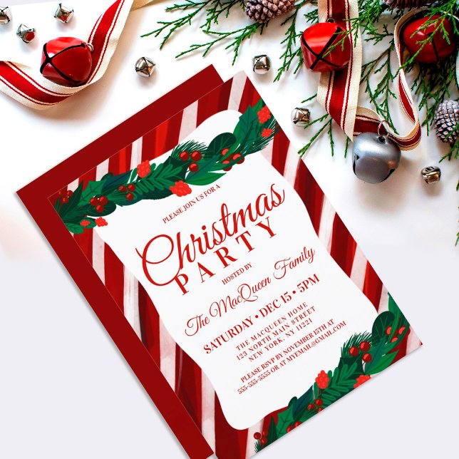 Candy Cane Holly Berry Ivy Leaves Christmas Party Invitation (Creator Uploaded)