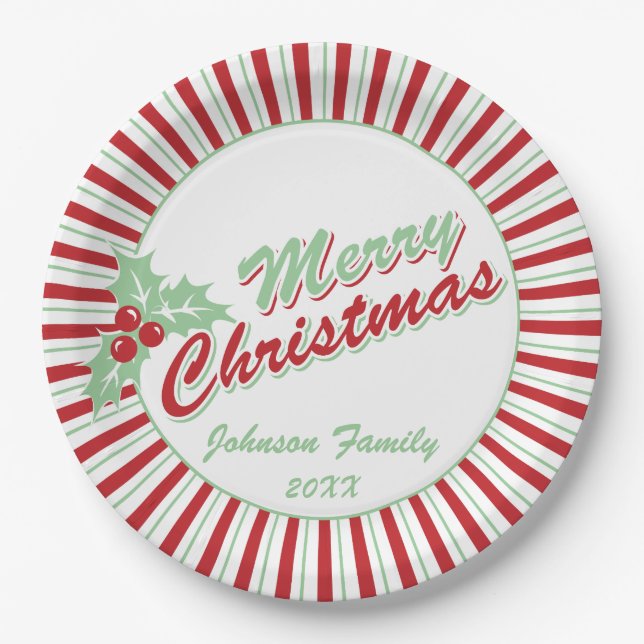 Candy Cane Holly | Custom Christmas Paper Plates (Front)