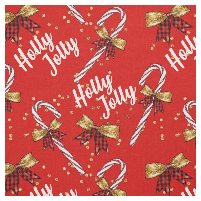 Candy Cane Holly Jolly Modern Festive Christmas Fabric (Swatch)