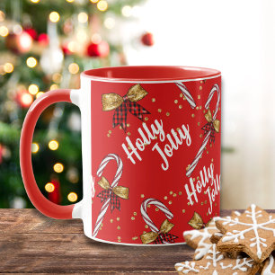 Candy Cane Holly Jolly Modern Festive Christmas Mug