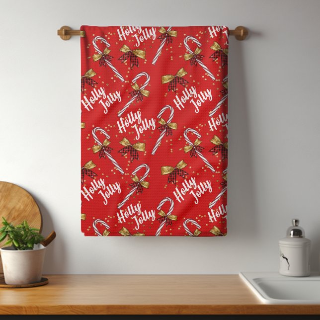 Candy Cane Holly Jolly Modern Festive Christmas Tea Towel (Creator Uploaded)