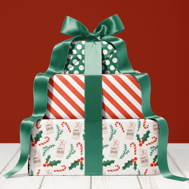 Candy Cane Holly Pattern Cute Holiday Christmas Wrapping Paper Sheet (Creator Uploaded)