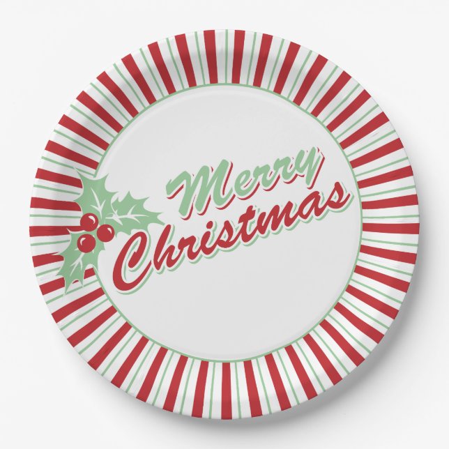 Candy Cane Holly | Retro Christmas Paper Plates (Front)