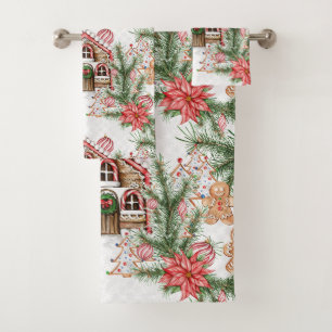 Candy cane house, poinsettia, gingerbread man bath towel set