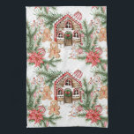 Candy cane house, poinsettia, gingerbread man tea towel<br><div class="desc">This design features candy cane house,  gingerbread man and woman,  Christmas tree,  Poinsettias,  pine branch and red - white Christmas baubles.</div>