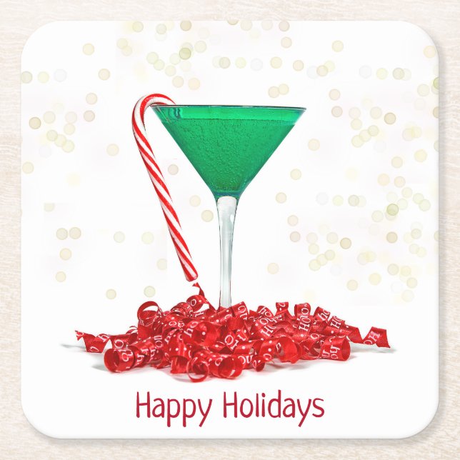 Candy Cane In Martini Glass Square Paper Coaster (Front)