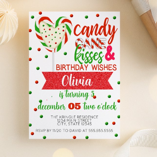 Candy Cane Kisses Birthday Wishes Party Invitation (Creator Uploaded)