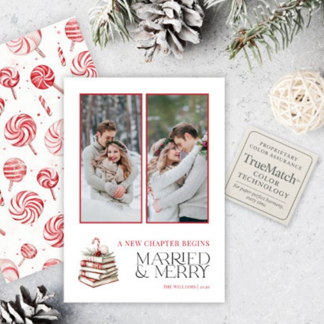 Candy Cane Merry & Married 2 Photo Newlywed Holiday Card (Creator Uploaded)