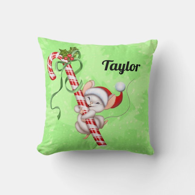 Candy Cane Mouse Add a Name/Greeting Christmas Cushion (Front)